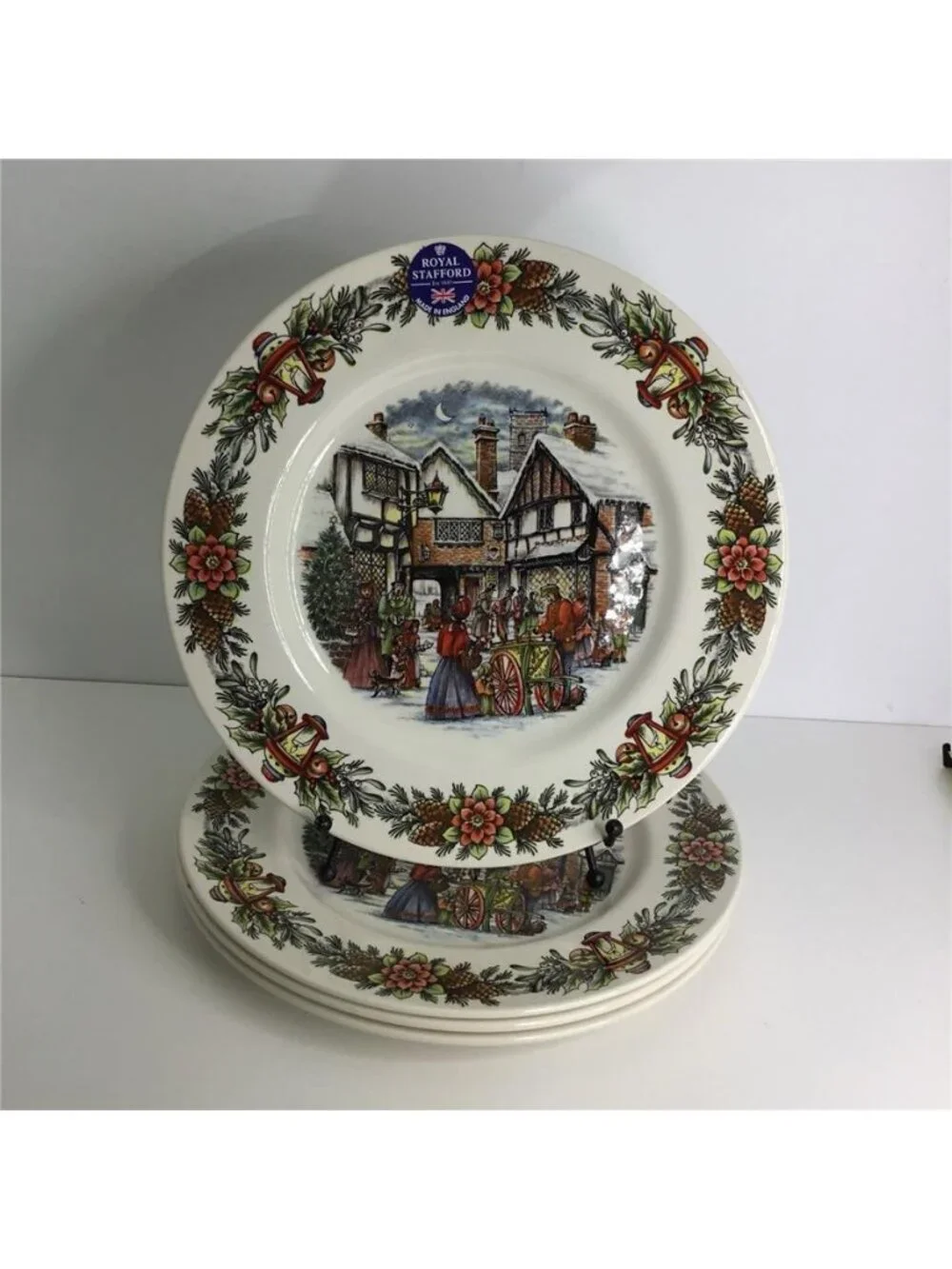 4 Royal Stafford Dinner Plates 11” Christmas Winter Snow NEW